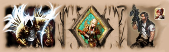 A sepia tone image featuring Blizzard's game franchises: Warcraft, Starcraft, and Diablo