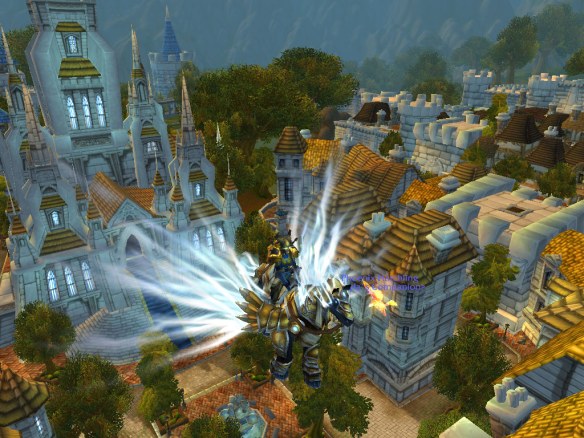 My paladin in her transmog set, riding the Tyrael's charger mount