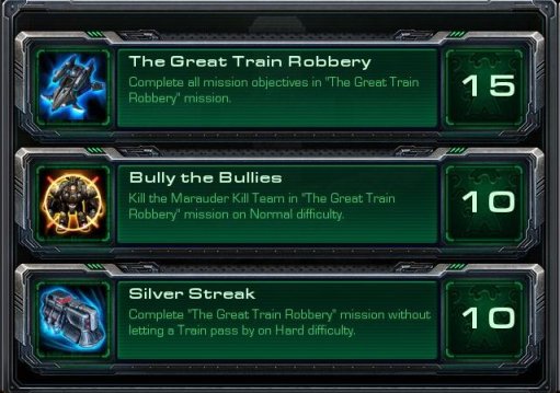 The achievements for the Starcraft II: Wings of Liberty campaign mission, "The Great Train Robbery"