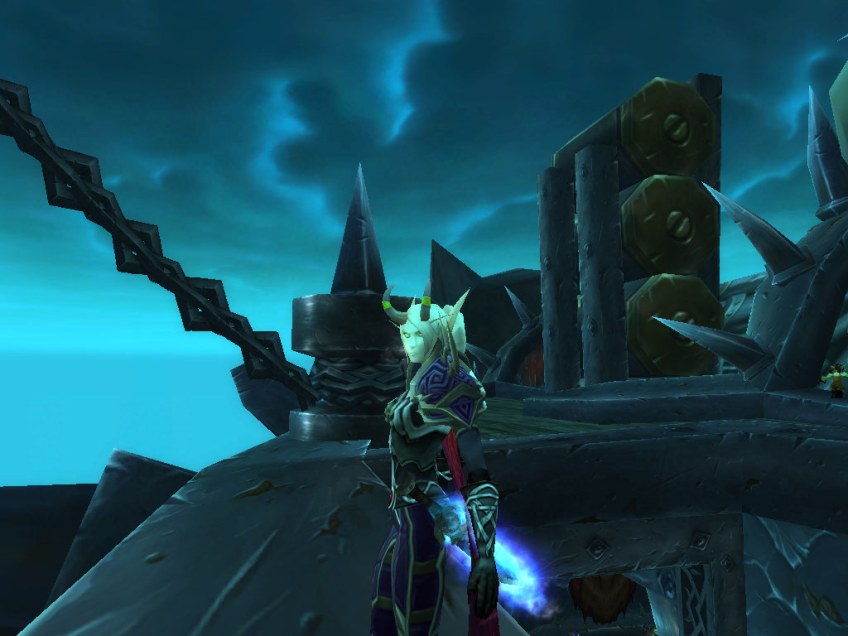 My warlock looking out over Icecrown from Orgrim's Hammer