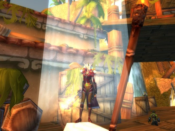 My warlock showing off her Blood Elf-themed transmog set after hitting 85