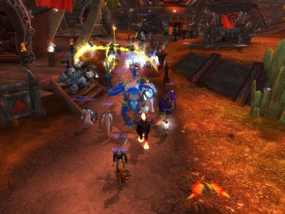 A screenshot of the LGBT pride march on Wyrmrest Accord as it made its way through Orgrimmar