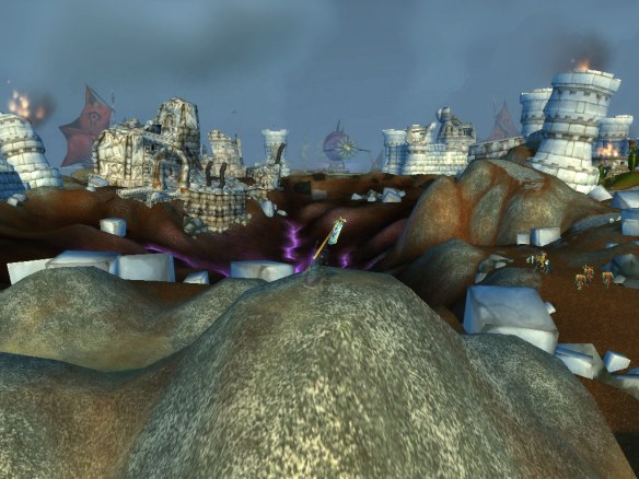 The smoking ruins of Theramore in World of Warcraft
