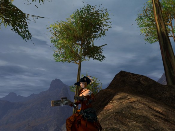 My thief showing off her stylish pimp hat in Guild Wars 2