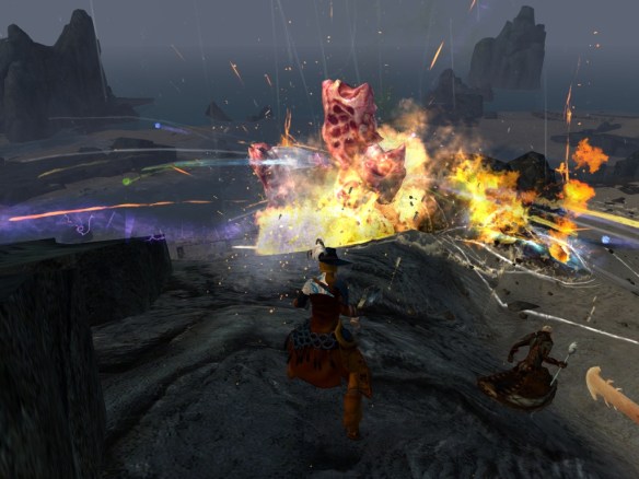 Battling karka on the Lost Shores in Guild Wars 2