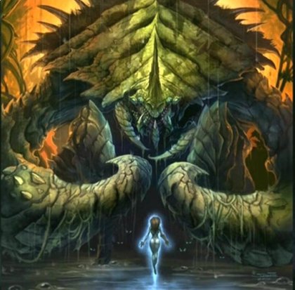 Concept art of Sarah Kerrigan and an ultralisk in Starcraft II: Heart of the Swarm