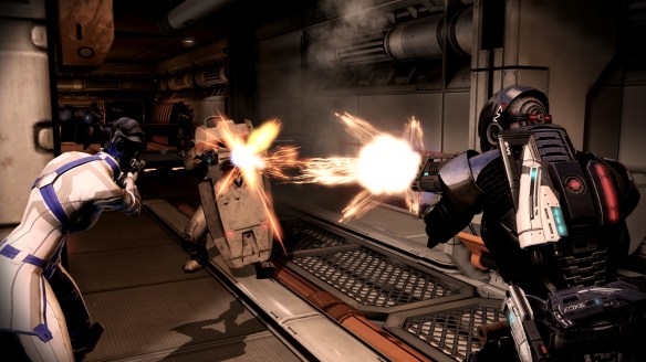 Liara and Shepard battle Cerberus troops in Mass Effect 3