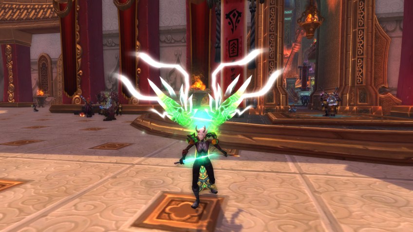 My warlock showing off her legendary cloak in World of Warcraft