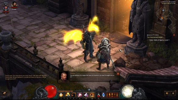 My crusader having a heart-to-heart with Kormac in Diablo III: Reaper of Souls