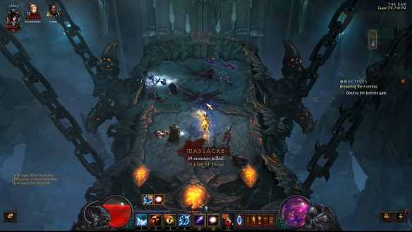 Battling atop the battering ram outside Pandemonium Fortress in Diablo III: Reaper of Souls