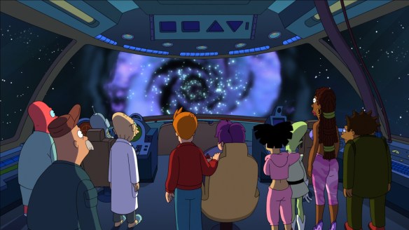 The Planet Express ship flies into a wormhole in Into the Wild Green Yonder