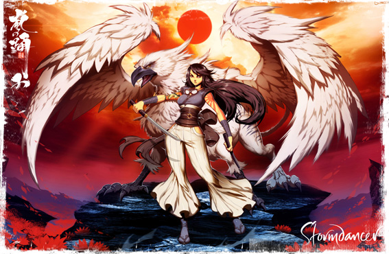 Art of Yukiko and the gryphon Buruu from "The Lotus War, book one: Stormdancer"