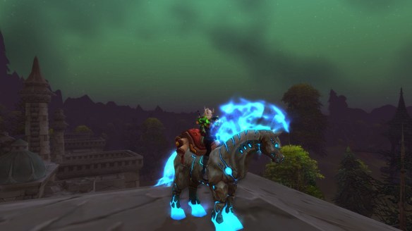 My warlock shows off her Hearthsteed mount in World of Warcraft