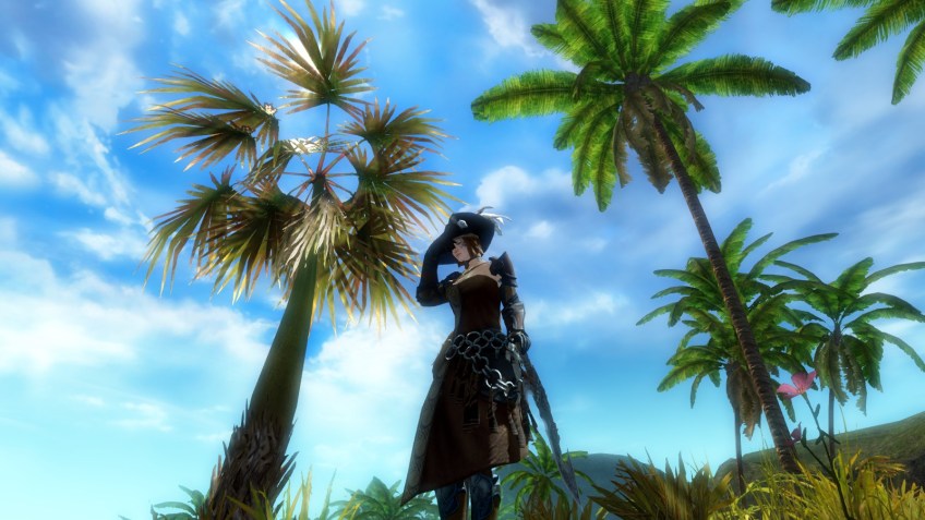 My thief taking a rest in the tropics in Guild Wars 2