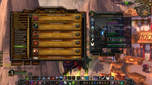 My rogue's new heirloom dagger and Conquerer of Orgrimmar achievement in World of Warcraft