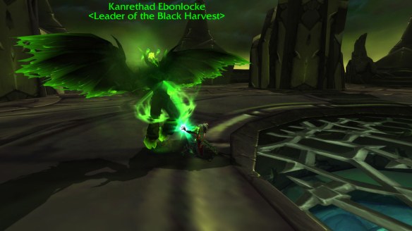 My rogue drains the fel energy from Kanrethad Ebonlocke at the conclusion of the green fire quest chain in World of Warcraft