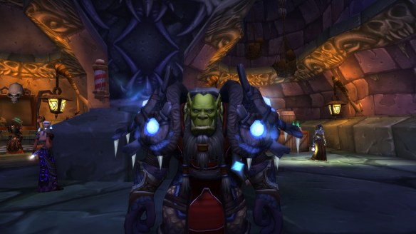 My shaman's updated face (after a trip to the barbershop) in World of Warcraft