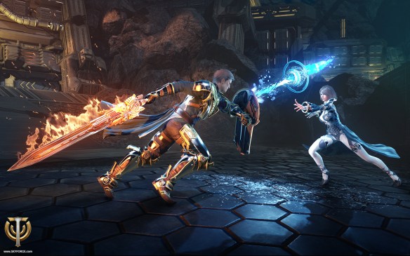 Two player characters do battle in Skyforge