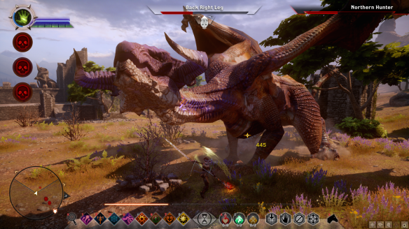 My inquisitor showing off her skills as a knight-enchanter against a dragon in Dragon Age: Inquisition