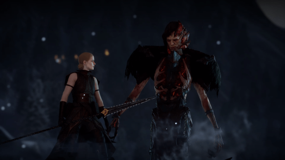 Calpernia, leader of the Venatori, and Corypheus in Dragon Age: Inquisition