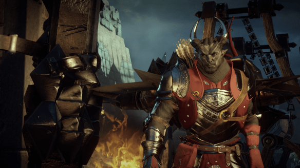My Qunari inquisitor charges into battle in Dragon Age: Inquisition