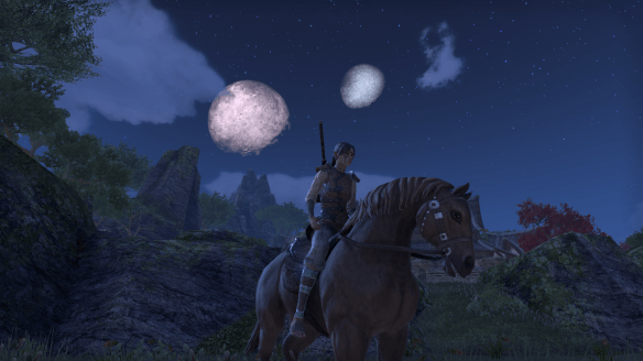 My Bosmer sorcerer takes a ride in the moonlight in Elder Scrolls Online
