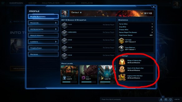 My StarCraft II profile page, showing full brutal completion of all campaigns