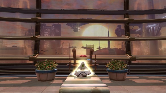 My Jedi consular meditates in his Coruscant stronghold in Star Wars: The Old Republic