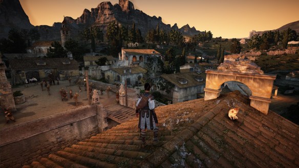 Dusk falls over a town in Black Desert