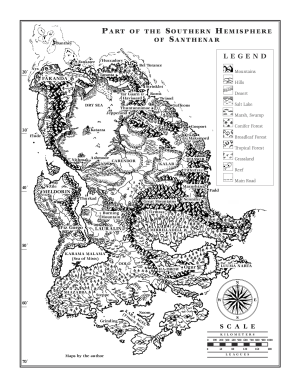 A map of the continent of Lauralin on the world of Santhenar, setting of Ian Irvine's Three Worlds novels