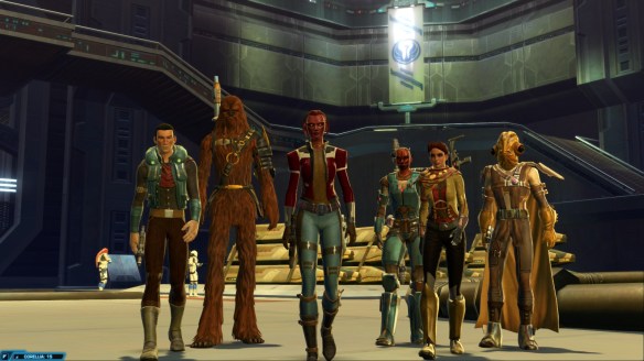My smuggler and her companions at the conclusion of the class story in Star Wars: The Old Republic