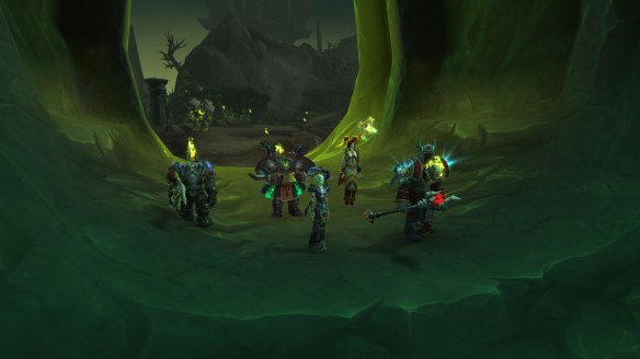A random group of players wait for a world quest objective to spawn in World of Warcraft
