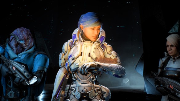 Sara Ryder, Jaal, and Cora Harper in Mass Effect: Andromeda