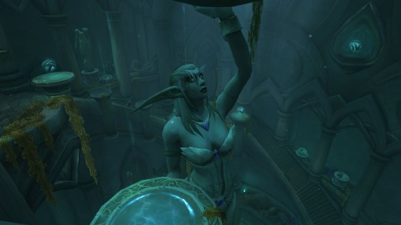 A statue of Azshara in the Tomb of Sargeras raid in World of Warcraft
