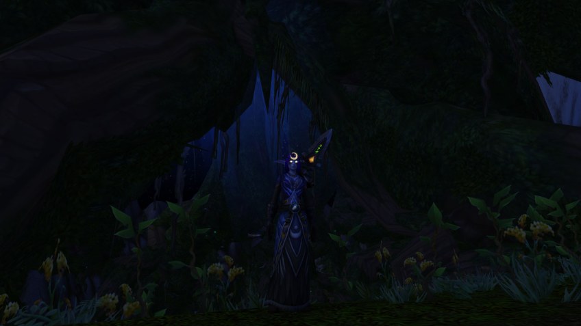My monk upon Mount Hyjal at night in World of Warcraft: Legion