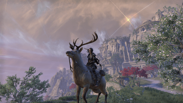 My Bosmer shows off her elk mount on the mystic isle of Artaeum in Elder Scrolls Online
