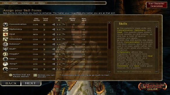 A skill sheet in Dungeons and Dragons Online