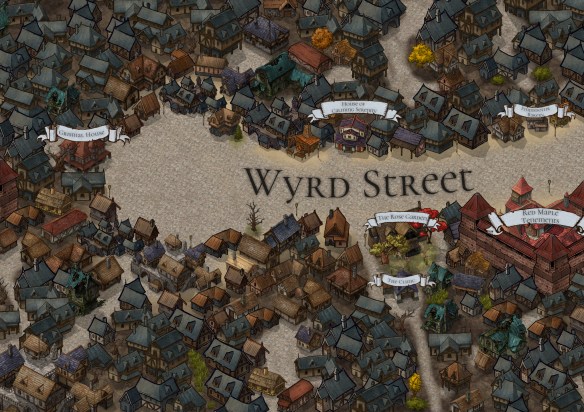 A map of Wyrd Street, the titular setting of my upcoming tabletop role-playing game. Map created via Inkarnate.