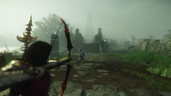 My Covenant alt practicing her bow skills on an Ancient Guardian in New World.