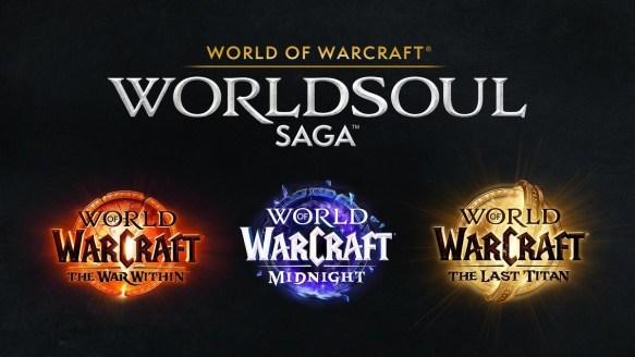 Logos for the three expansions making up World of Warcraft's Worldsoul Saga arc.