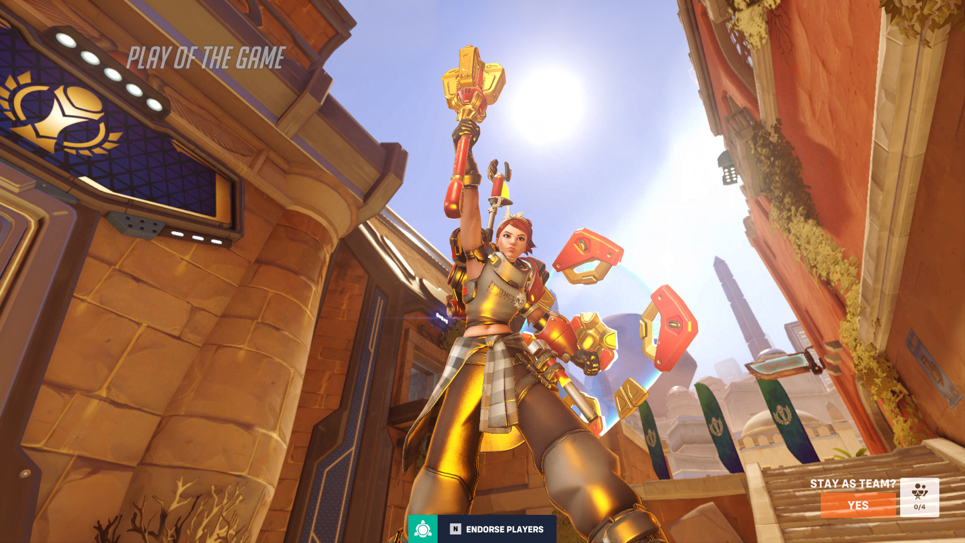 Getting a rare Play of the Game as Brigitte in Overwatch Stadium.